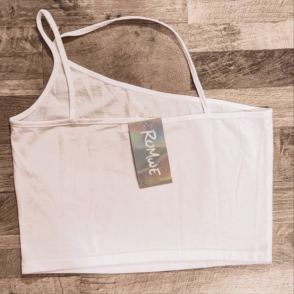 Romwe Asymmetrical Neck‎ Solid Crop Top - White - Small - Picture 2 of 4